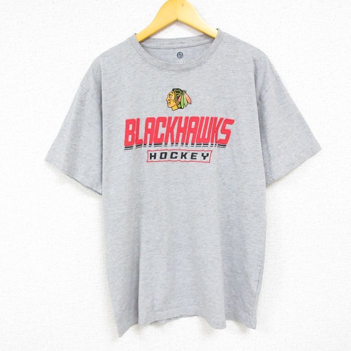 【中古】古着 半袖Tシャツ メンズ NHL シカゴブラックホークス 刺繍 クルーネック 丸首 グレー 霜降り ..