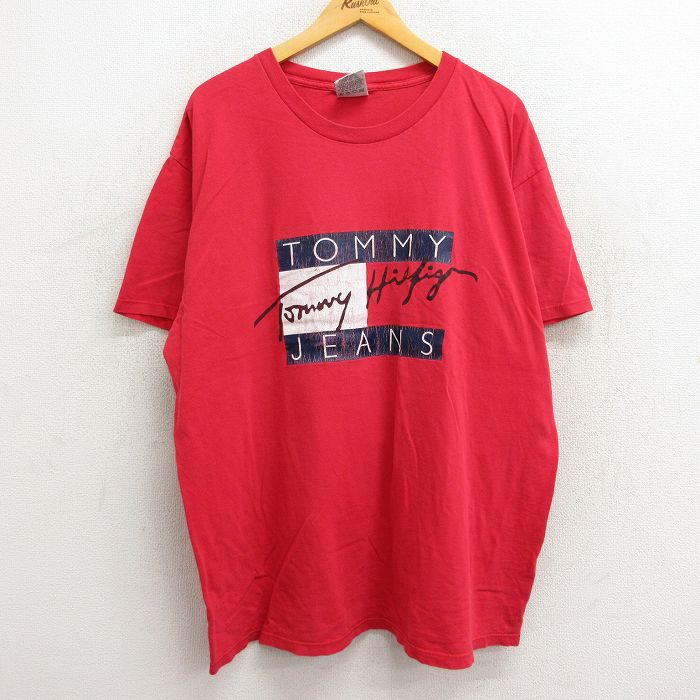 【中古】古着 トミーヒルフィガー TOMMY HILFIGER トミージーンズ 半袖 ビンテージ ヴィンテージ ブランドTシャツ メンズ 90年代 90s ビッグロゴ 大きいサイズ 2L LL ビッグシルエット ゆったり ビッグサイズ オーバーサイズ コットン クルーネック 丸首 USA製 アメリ