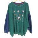 【中古】古着 長袖 トップス フリース メンズ 90年代 90s スキー 刺繍 ツートンカラー バイカラー 大きいサイズ 2L LL ビッグシルエット ゆったり ビッグサイズ オーバーサイズ クルーネック 丸首 濃緑他 グリーン XLサイズ 中古 スエット トレーナー | 春夏 春物 春服