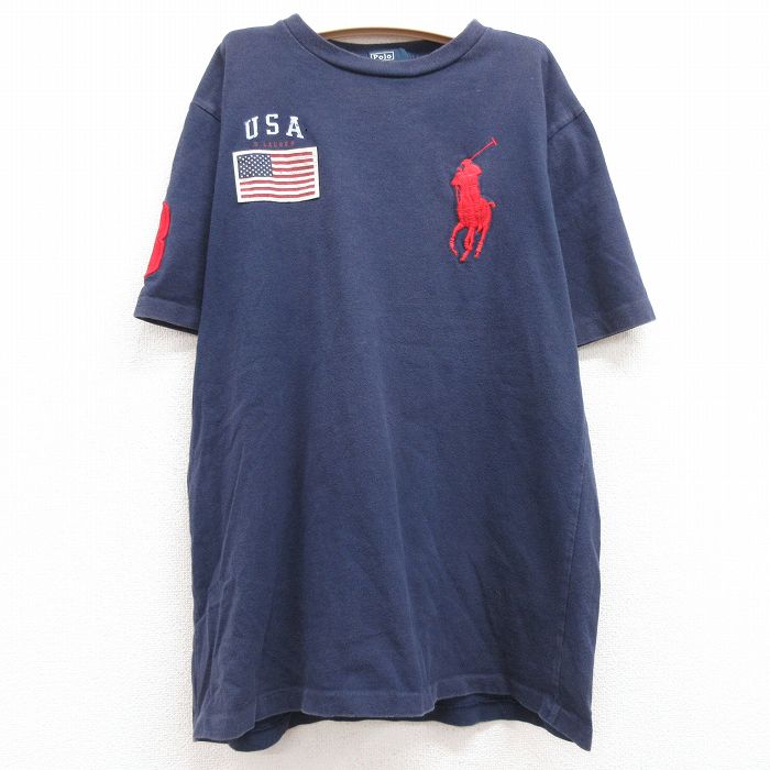 【中古】古着 ラルフローレン Ralph Lauren 半袖 ブランドTシャツ キッズ ボーイズ 子供服 ビッグポニー ビックポニー 星条旗 コットン クルーネック 丸首 紺 ネイビー | 春夏 春物 春服 秋冬 秋物 秋服 女の子 子ども服 こども服 カジュアル ファッション おしゃれ か