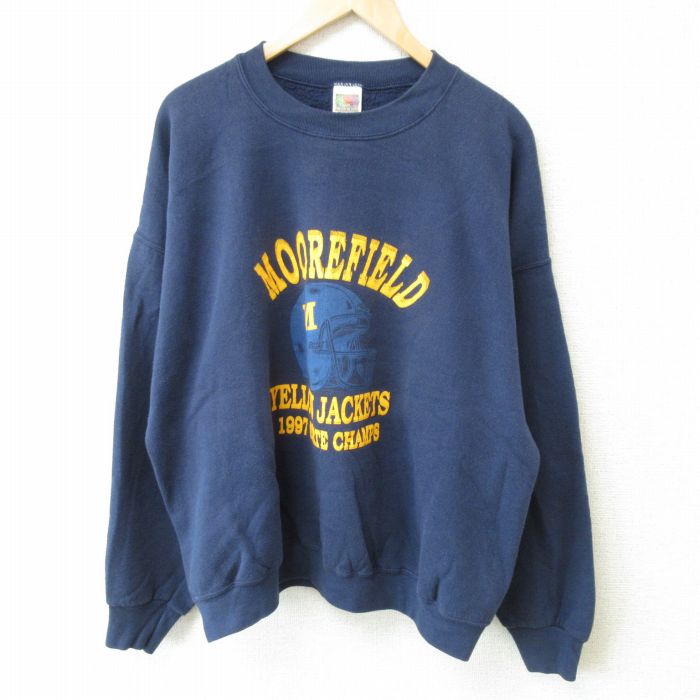 【中古】古着 フルーツオブザルーム 長袖スウェット メンズ 90年代 90s MOOREFIELD アメフト 大きいサイズ 2L LL ビッグシルエット ゆったり ビッグサイズ オーバーサイズ クルーネック 丸首 紺 ネイビー 【spe】 XLサイズ 中古 スエット トレーナー トップス | 春夏