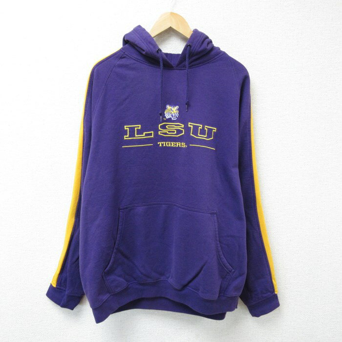 【中古】古着 長袖スウェットパーカー メンズ 00年代 00s LSU 刺繍 大きいサイズ 2L LL ビッグシルエット ゆったり ビッグサイズ オーバーサイズ ラグラン 紫 パープル XLサイズ 中古 スエット トレーナー トップス | 春夏 春物 春服 秋冬 秋物 秋服 メンズファッショ 3OF