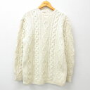 【中古】古着 長袖 ケーブル セーター メンズ 80年代 80s ハンドメイド 手織り ウール クルーネック 丸首 白 ホワイト Lサイズ 中古 ニット トップ...