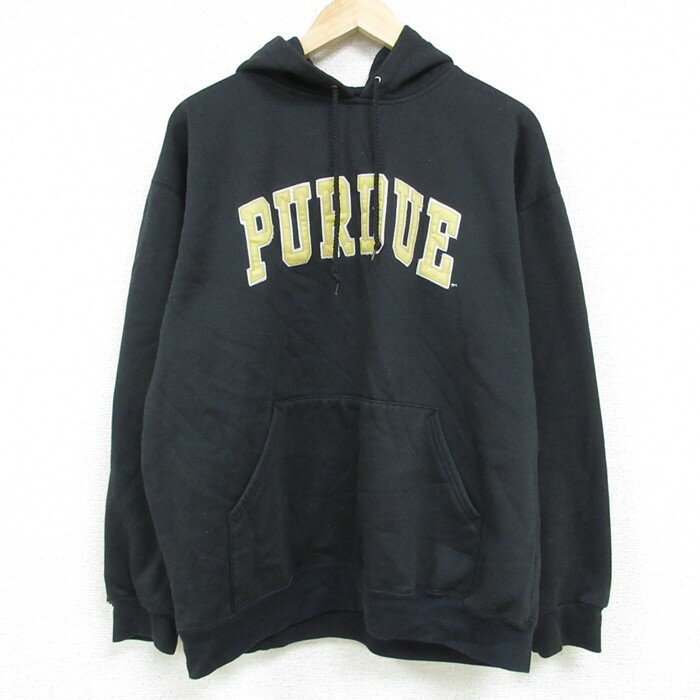 【中古】古着 長袖スウェットパーカー メンズ 00年代 00s PURDUE 刺繍 黒 ブラック XLサイズ 中古 スエット トレーナー トップス | 春夏 春物 春服 秋冬 秋物 秋服 メンズファッション カジュアル おしゃれ ファッション