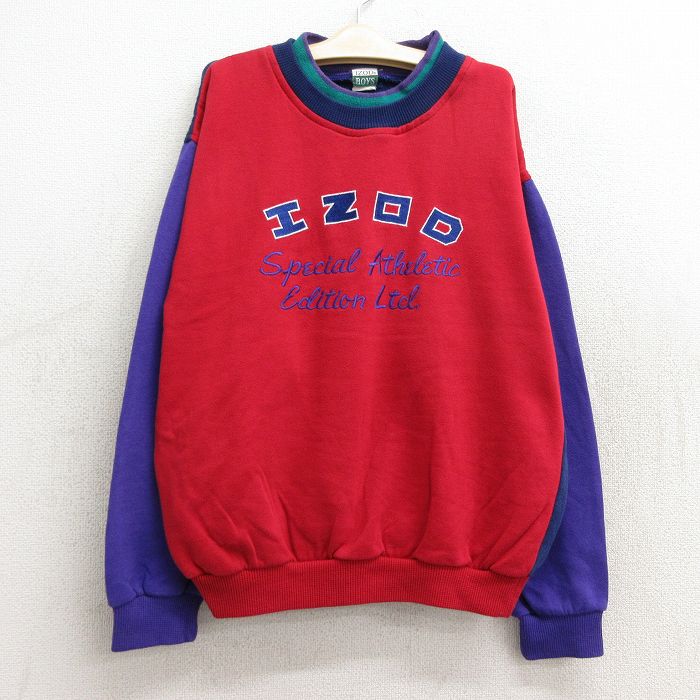 【中古】古着 IZOD 長袖スウェット キッズ ボーイズ 子供服 90年代 90s ビッグロゴ クレイジーパターン マルチカラー クルーネック 丸首 赤他 レッド | 春夏 春物 春服 秋冬 秋物 秋服 女の子 子ども服 こども服 カジュアル ファッション おしゃれ かわいい