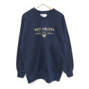 【中古】古着 長袖スウェット メンズ 90年代 90s ウェストバージニア 大学 刺繍 クルーネック 丸首 紺 ネイビー Lサイズ 中古 スエット トレーナー ...