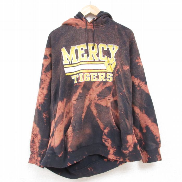 楽天古着屋RushOut【中古】古着 MVスポーツ 長袖スウェットパーカー メンズ 00年代 00s MERCY TIGERS 大きいサイズ 2L LL ビッグシルエット ゆったり ビッグサイズ オーバーサイズ 黒他 ブラック ブリーチ加工 XLサイズ 中古 スエット トレーナー トップス | 春夏 春物 春服 秋冬 秋物