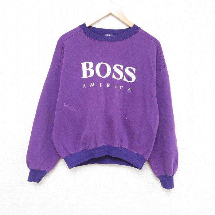 古着 BOSS 長袖スウェット メンズ 90年代 90s ビッグロゴ クルーネック 丸首 USA製 アメリカ製 紫 パープル XLサイズ 中古 スエット トレーナー トップス | 春夏 春物 春服 秋冬 秋物 秋服 メンズファッション カジュアル おしゃれ ファッション