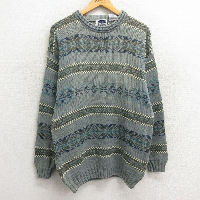 【中古】古着 長袖 セーター メンズ 00年代 00s 雪柄 コットン クルーネック 丸首 薄緑系他 グリーン Mサイズ 中古 ニット トップス | 春夏 春物 春服 秋冬 秋物 秋服 メンズファッション カジュアル おしゃれ ファッション 5OF