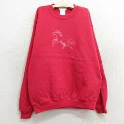 【中古】古着 リー Lee 長袖スウェット キッズ ボーイズ 子供服 00年代 00s 馬 刺繍 クルーネック 丸首 濃ピンク | 春夏 春物 春服 秋冬 秋物 秋服 女の子 子ども服 こども服 カジュアル ファッション おしゃれ かわいい