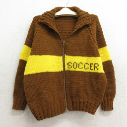 【中古】古着 長袖 フルジップ ニット カーディガン カウチン セーター キッズ ボーイズ 子供服 70年代 70s サッカー 襟付き ラグラン タロン 茶他 ブラウン | 春夏 春物 春服 秋冬 秋物 秋服 女の子 子ども服 こども服 カジュアル ファッション おしゃれ かわいい