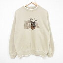 【中古】古着 長袖スウェット メンズ 00年代 00s シカ 刺繍 クルーネック 丸首 ベージュ カーキ Lサイズ 中古 スエット トレーナー トップス | 春...