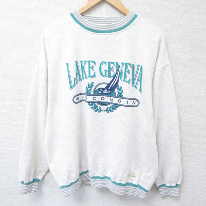 【中古】古着 長袖スウェット メンズ 90年代 90s ウィスコンシン ヨット クルーネック 丸首 薄グレー ..
