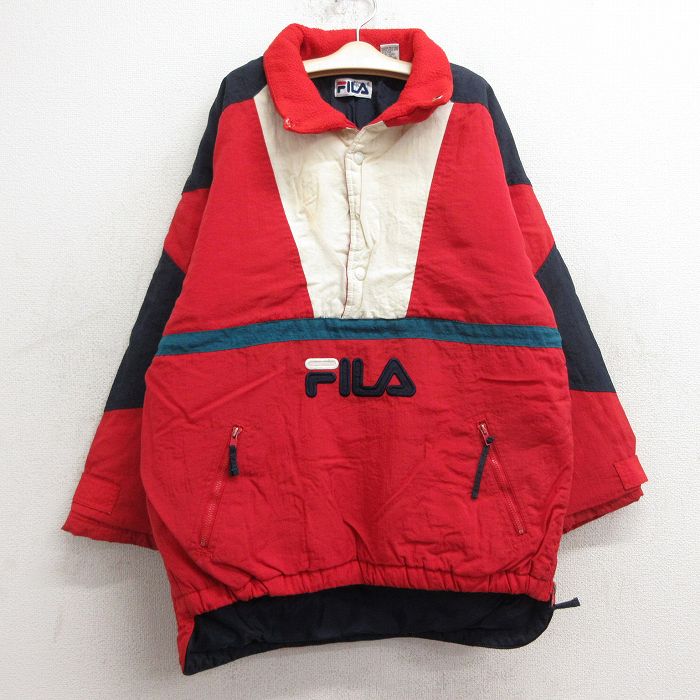 【中古】古着 フィラ FILA 長袖 ナイロンジャケット キッズ ボーイズ 子供服 90年代 90s ビッグロゴ 襟フリース スナップT 赤他 レッド..