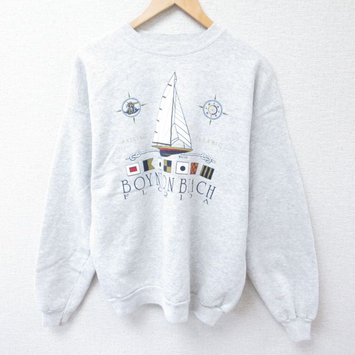 【中古】古着 ヘインズ Hanes 長袖スウェット メンズ 00年代 00s ボイントンビーチ フロリダ 船 クルーネック 丸首 薄グレー 霜降り XLサイズ ...