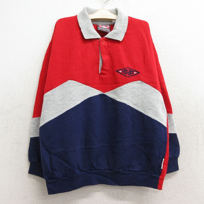 【中古】古着 長袖スウェット キッズ ボーイズ 子供服 90年代 90s BYO BOY 襟付き マルチカラー 赤他 レッド | 春夏 春物 春服 秋冬 秋物 秋服 女の子 子ども服 こども服 カジュアル ファッション おしゃれ かわいい 2OF