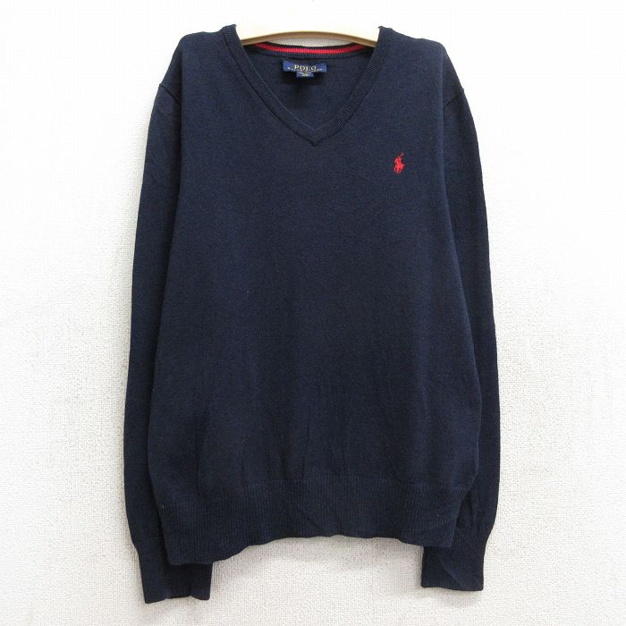 【中古】古着 ラルフローレン Ralph Lauren 長袖 ブランド セーター キッズ ボーイズ 子供服 ワンポイントロゴ コットン Vネック 紺 ネイビー | 春夏 春物 春服 秋冬 秋物 秋服 女の子 子ども服 こども服 カジュアル ファッション おしゃれ かわいい 2OF