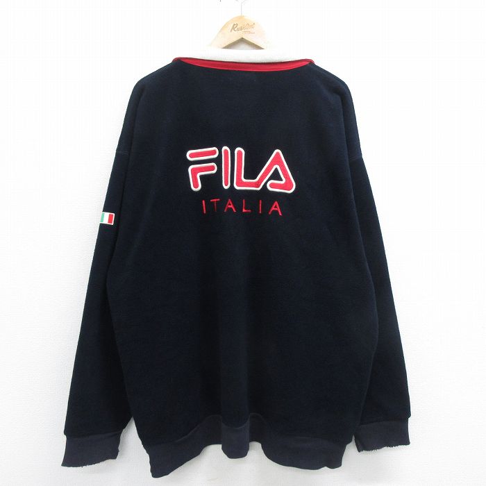 【中古】古着 フィラ FILA 長袖 ハーフジップ フリースジャケット メンズ 90年代 90s ビッグロゴ イタリア 刺繍 大きいサイズ 2L LL ビッグシルエット ゆったり ビッグサイズ オーバーサイズ ロング丈 濃紺 ネイビー XLサイズ 中古 アウター | 秋冬 秋物 秋服 冬物 冬