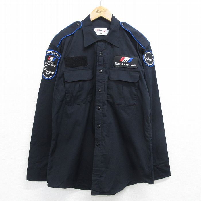 【中古】古着 長袖 ワークシャツ メンズ 00年代 00s EMS リップストップ ロング丈 黒 ブラック XLサイズ 中古 トップス | 春夏 春物 春服 秋冬 秋物 秋服 カジュアルシャツ メンズファッション 長袖シャツ おしゃれ カジュアル