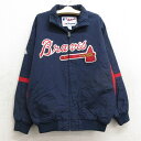 【中古】古着 マジェスティック 長袖 ナイロンジャケット キッズ ボーイズ 子供服 00年代 00s MLB アトランタブレーブス 紺 ネイビー 内側フリース メジャーリーグ ベースボール 野球 | 春夏 春物 春服 秋冬 秋物 秋服 女の子 子ども服 こども服 カジュアル ファッショ