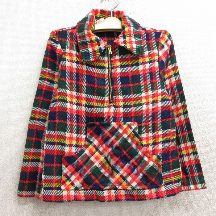 【中古】古着 長袖 ハーフジップジャケット キッズ ボーイズ 子供服 80年代 80s タロン 赤他 レッド チェック | 春夏 春物 春服 秋冬 秋物 秋服 女の子 子ども服 こども服 カジュアル ファッション おしゃれ かわいい