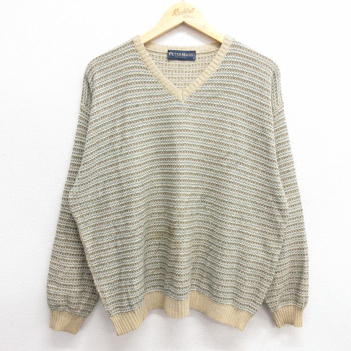 【中古】古着 長袖 セーター メンズ 80年代 80s Vネック イタリア製 ベージュ他 カーキ XLサイズ 中古 ニット トップス | 春夏 春物 春服 秋冬 秋物 秋服 メンズファッション カジュアル おしゃれ ファッション 5OF