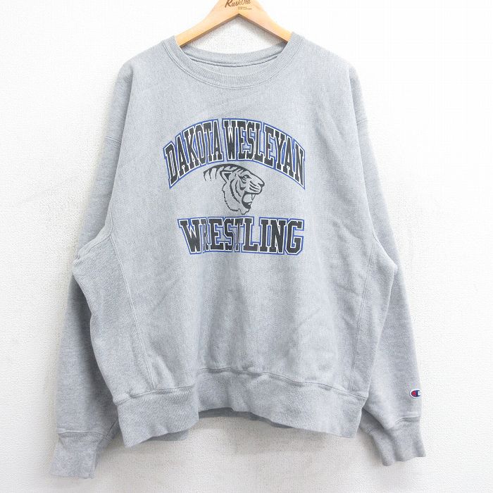 【中古】古着 長袖 チャンピオン Champion リバースウィーブ メンズ 00年代 00s DAKOTA WESLEYAN レスリング カレッジ 大きいサイズ 2L LL ビッグシルエット ゆったり ビッグサイズ オーバーサイズ クルーネック 丸首 グレー 霜降り XLサイズ 中古スウェット スエット