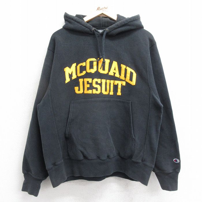 【中古】古着 長袖 チャンピオン Champion リバースウィーブパーカー メンズ 00年代 00s MCQUAID JESUIT 黒 ブラック Lサイズ 中古スウェット スエット トレーナー トップス | 春夏 春物 春服 秋冬 秋物 秋服 メンズファッション カジュアル おしゃれ ファッション