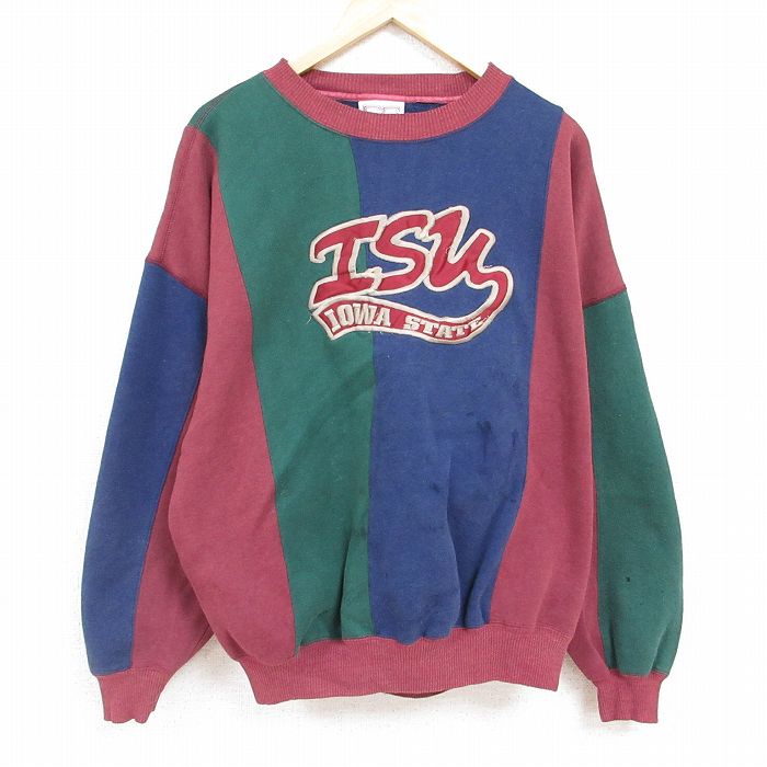 【中古】古着 長袖スウェット メンズ 00年代 00s アイオワ 刺繍 マルチカラー 大きいサイズ 2L LL ビッグシルエット ゆったり ビッグサイズ オーバーサイズ クルーネック 丸首 紺他 ネイビー XLサイズ 中古 スエット トレーナー トップス | 春夏 春物 春服 秋