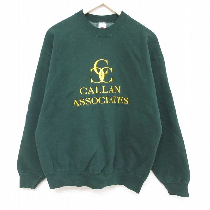 【中古】古着 フルーツオブザルーム 長袖スウェット メンズ 90年代 90s CALLAN ASSOCIATES 刺繍 クルーネック 丸首 USA製 アメリカ製 緑 グリーン Lサイズ 中古 スエット トレーナー トップス 春夏 春物 春服 秋冬 秋物 秋服 メンズファッション カジュアル おしゃれ