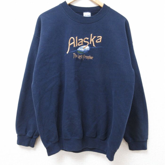 【中古】古着 長袖スウェット メンズ 00年代 00s アラスカ 刺繍 クルーネック 丸首 濃紺 ネイビー Lサイズ 中古 スエット トレーナー トップス | 春夏 春物 春服 秋冬 秋物 秋服 メンズファッション カジュアル おしゃれ ファッション