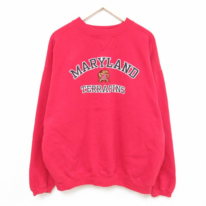 【中古】古着 長袖スウェット メンズ 00年代 00s メリーランドテラピンズ 刺繍 大きいサイズ 2L LL ビッグシルエット ゆったり ビッグサイズ オーバーサイズ クルーネック 丸首 赤 レッド XLサイズ 中古 スエット トレーナー トップス | 春夏 春物 春服 秋冬