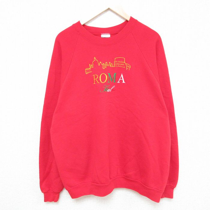 乐天商城 - 【中古】古着 90s ラグランスウェット 刺繍 メンズ レッド XLサイズ トレーナー スウェット ヴィンテージ アメカジ ストリート カジュアル きれいめ ヴィンテージ レトロ オールド 5OF