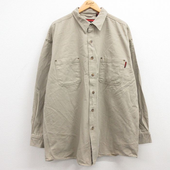 【中古】古着 長袖シャツ メンズ ダック地 大きいサイズ 2L LL ビッグシルエット ゆったり ビッグサイズ オーバーサイズ ロング丈 コットン ベージュ カーキ XLサイズ 中古 トップス | 春夏 春物 春服 秋冬 秋物 秋服 カジュアルシャツ メンズファッション 長