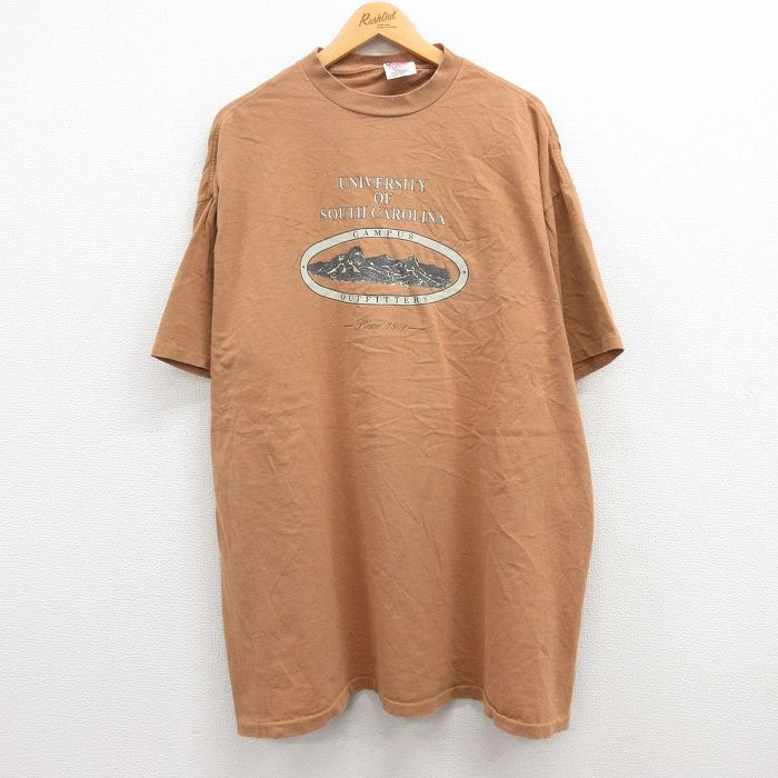 【中古】古着 オニータ ONEITA 半袖 ビンテージ ヴィンテージTシャツ メンズ 90年代 90s サウスカロライナ 大学 大きいサイズ 2L LL ビッグシルエット ゆったり ビッグサイズ オーバーサイズ ロング丈 コットン クルーネック 丸首 USA製 アメリカ製 茶 ブラウン XLサイ