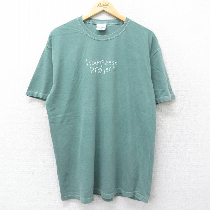 【中古】古着 半袖Tシャツ メンズ happiness project 大きいサイズ 2L LL ビッグシルエット ゆったり ビッグサイズ オーバーサイズ コットン クルーネック 丸首 緑 グリーン 霜降り XLサイズ …