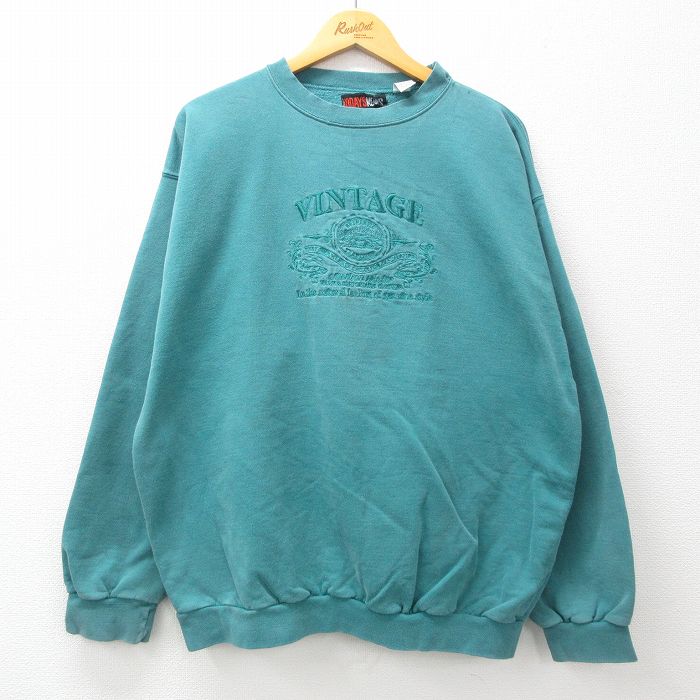 【中古】古着 TODAYS NEWS 長袖スウェット メンズ 90年代 90s ビンテージ ヴィンテージ 大きいサイズ 2L LL ビッグシルエット ゆったり ビッグサイズ オーバーサイズ コットン クルーネック 丸首 青緑 XLサイズ 中古 スエット トレーナー トップス | 春夏 春 5OF