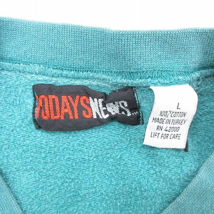 【中古】古着 TODAYS NEWS 長袖スウェット メンズ 90年代 90s ビンテージ ヴィンテージ 大きいサイズ 2L LL ビッグシルエット ゆったり ビッグサイズ オーバーサイズ コットン クルーネック 丸首 青緑 XLサイズ 中古 スエット トレーナー トップス | 春夏 春 5OF