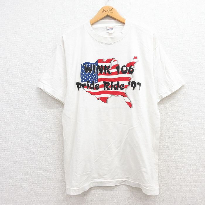 【中古】古着 半袖 ビンテージ ヴィンテージTシャツ メンズ 90年代 90s WINK106 pride Ride 星条旗 コットン クルーネック 丸首 白 ホワイト Lサイズ 中古 | 春夏 夏物 夏服 メンズファッション カットソー ティーシャツ ティシャツ メンズTシャツ 半袖Tシャ 5OF