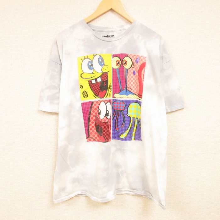 古着 半袖Tシャツ メンズ ニコロデオン アニメ スポンジボブ イカルドテンタクルズ パトリック 大きいサイズ 2L LL ビッグシルエット ゆったり ビッグサイズ オーバーサイズ コットン クルーネック 丸首 グレー他 タイダイ  XLサイズ 中古 中古メンズ半