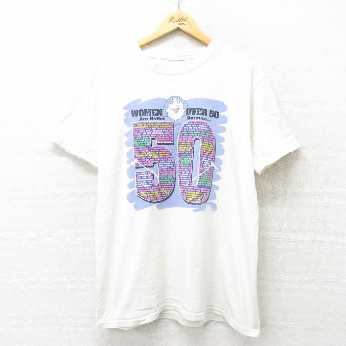 乐天商城 - 【中古】古着 半袖 ビンテージ ヴィンテージTシャツ メンズ 90年代 90s 50 クルーネック 丸首 白 ホワイト Lサイズ 中古 | 春夏 夏物 夏服 ヴィンテージTシャツ メンズファッション カットソー ティーシャツ ティシャツ メンズTシャツ 半袖Tシャツ 半袖ティー