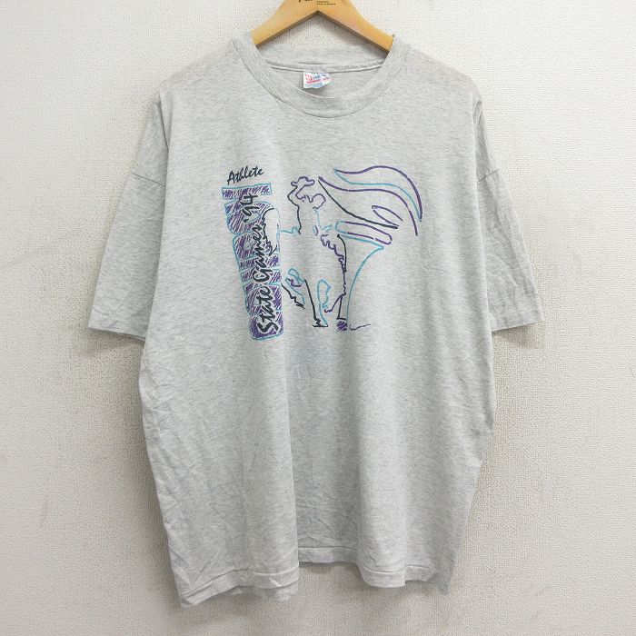 【中古】古着 ヘインズ Hanes 半袖 ビンテージ ヴィンテージTシャツ メンズ 90年代 90s カウボーイ 企業広告 大きいサイズ 2L LL ビッグシルエット ゆったり ビッグサイズ オーバーサイズ クルーネック 丸首 USA製 アメリカ製 薄グレー 霜降り XLサイズ 中古