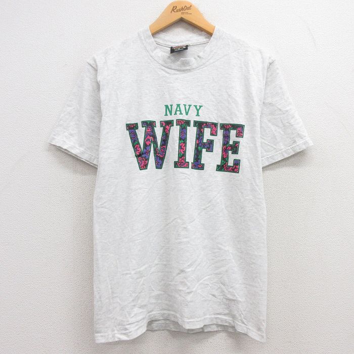 【中古】古着 半袖 ビンテージ ヴィンテージTシャツ メンズ 90年代 90s NAVY WIFE コットン クルーネック 丸首 USA製 アメリカ製 薄グレー 霜降り Mサイズ 中古 | 春夏 夏物 夏服 ヴィンテージTシャツ メンズファッション カットソー ティーシャツ ティシャツ 5OF