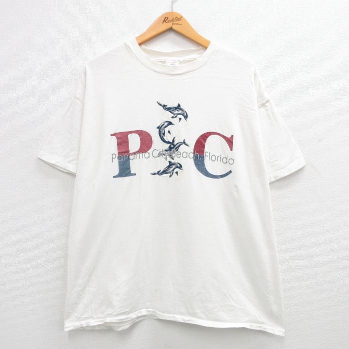 【中古】古着 半袖 ビンテージ ヴィンテージTシャツ メンズ 00年代 00s イルカ パナマ 大きいサイズ 2L LL ビッグシルエット ゆったり ビッグサイズ オーバーサイズ コットン クルーネック 丸首 白 ホワイト XLサイズ 中古 | 春夏 夏物 夏服 ヴィンテージTシャツ メン