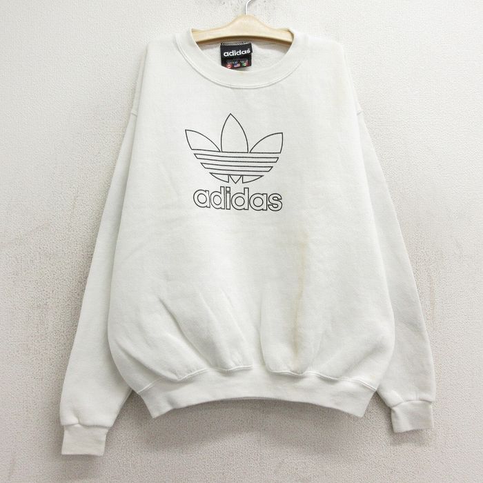 【中古】古着 アディダス adidas 長袖スウェット キッズ ボーイズ 子供服 90年代 90s ビッグロゴ リーフ トレフォイル クルーネック 丸首 USA製 アメリカ製 白 ホワイト 【spe】 | 春夏 春物 春服 秋冬 秋物 秋服 女の子 子ども服 こども服 カジュアル ファッション お