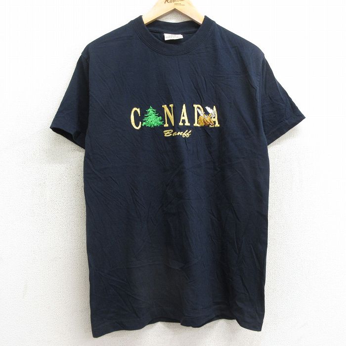 【中古】古着 半袖 ビンテージ ヴィンテージTシャツ メンズ 90年代 90s カナダ シカ 刺繍 コットン クルーネック 丸首 濃紺 ネイビー Mサイズ 中古 | 春夏 夏物 夏服 ヴィンテージTシャツ メンズファッション カットソー ティーシャツ ティシャツ メンズTシャツ 半袖T