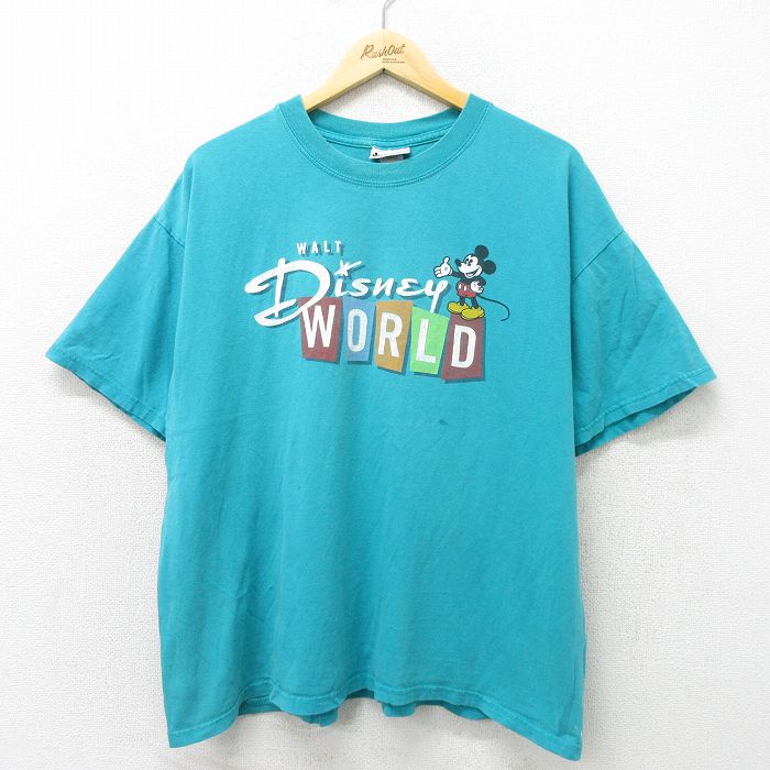 古着 半袖 ビンテージ ヴィンテージTシャツ メンズ 00年代 00s ディズニー DISNEY ミッキー MICKEY MOUSE 大きいサイズ 2L LL ビッグシルエット ゆったり ビッグサイズ オーバーサイズ コットン クルーネック 丸首 青緑 XLサイズ 中古 551180