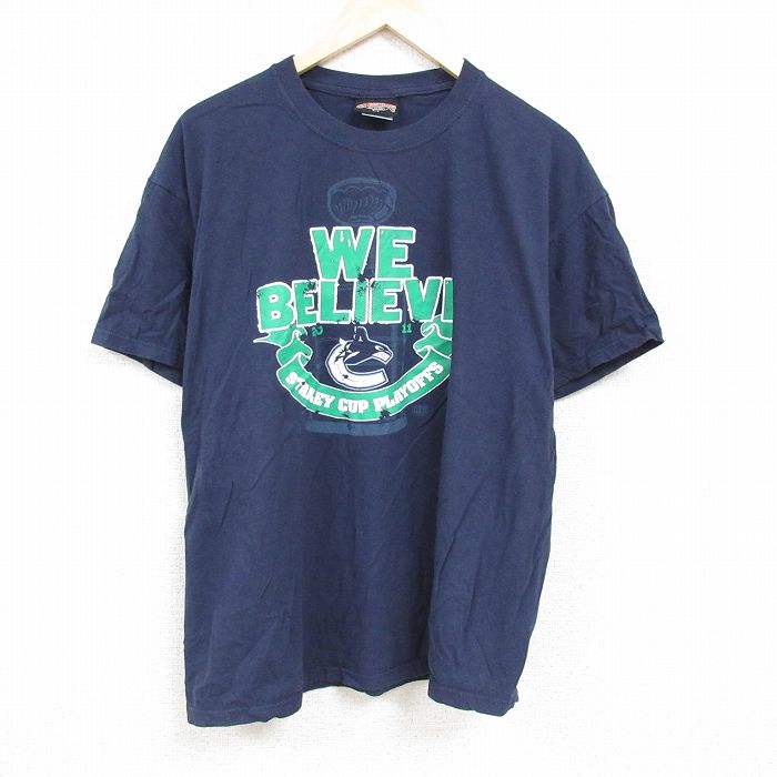 【中古】古着 半袖Tシャツ メンズ NHL バンクーバーカナックス コットン クルーネック 丸首 紺 ネイビー アイスホッケー XLサイズ 中古 中古メンズ半袖プリントキャラクター