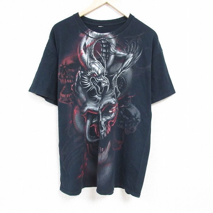 【中古】古着 半袖Tシャツ メンズ スカル 大きいサイズ 2L LL ビッグシルエット ゆったり ビッグサイズ オーバーサイズ クルーネック 丸首 黒 ブラック XLサイズ 中古 中古メンズ半袖プリントキャラクター
