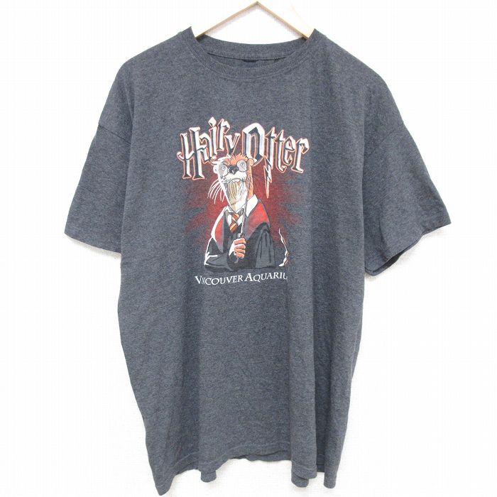 【中古】古着 半袖Tシャツ メンズ Hairy Otter 水族館 クルーネック 丸首 濃グレー 霜降り XLサイズ 中古 中古メンズ半袖プリントキャラクター